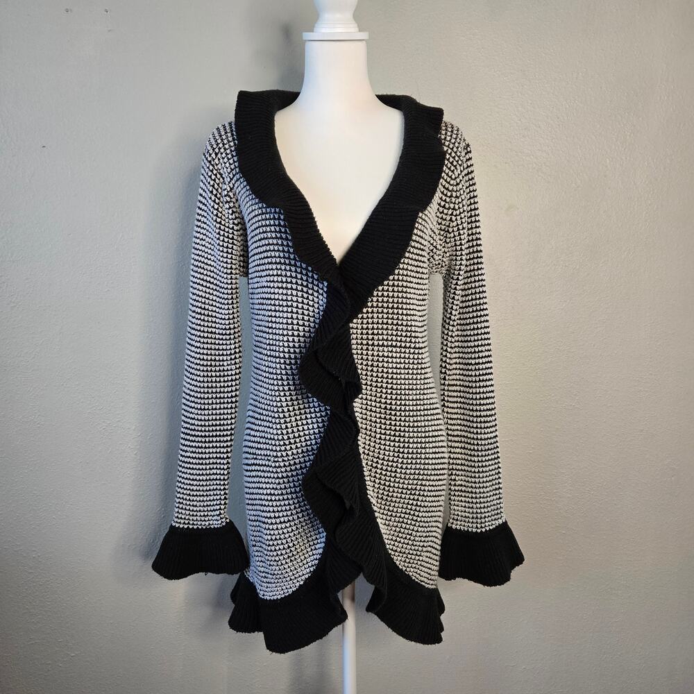 Romantic Whimsygoth Y2K Fairy Ruffle Cardigan Black White M Bell Cascade Long